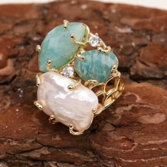 Gold Ring with Green Faceted Amazonite Stones White Freshwater baroque Pearls - Picture 1 of 2